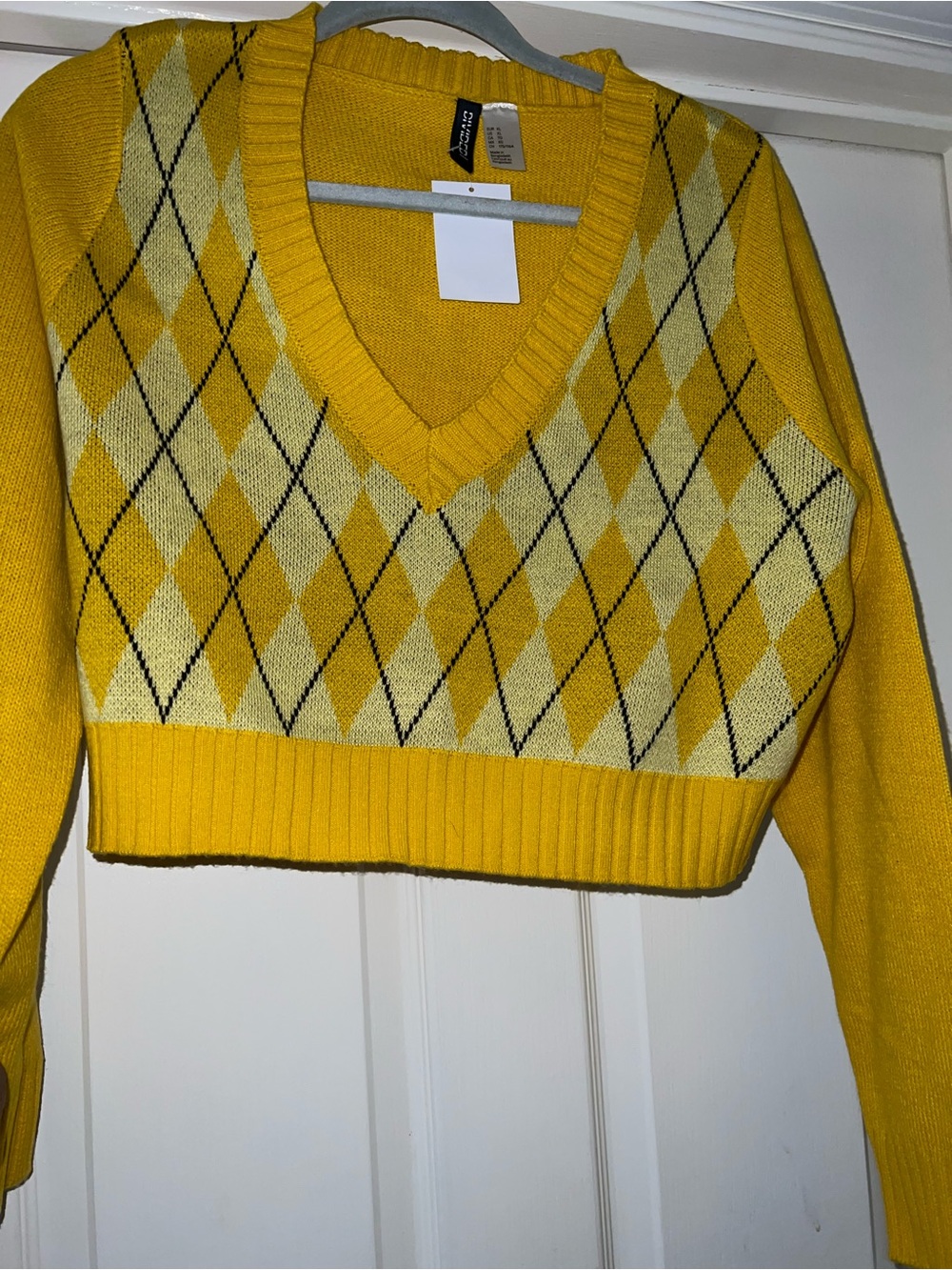 Divided Yellow Argyle Cropped V-Neck Sweater